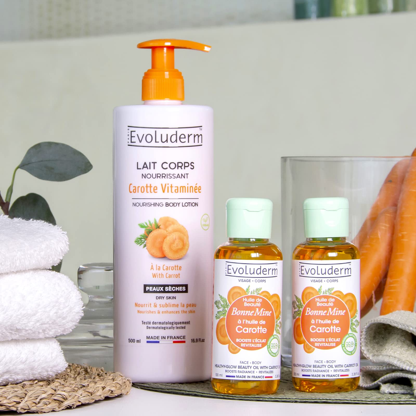 Coffret Evoluderm Carotte Bonne Mine - Soin Visage Et Corps - Huile, Sérum, Gommage Vita C - Neuf